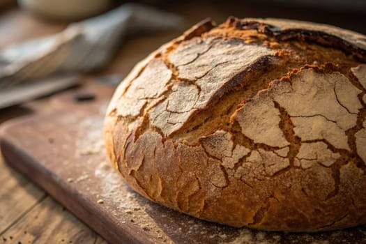 A round loaf of artisan bread rests on a wooden cutting board, showcasing a beautiful, cracked crust. Flour dust is scattered on the surface, creating a warm kitchen atmosphere.