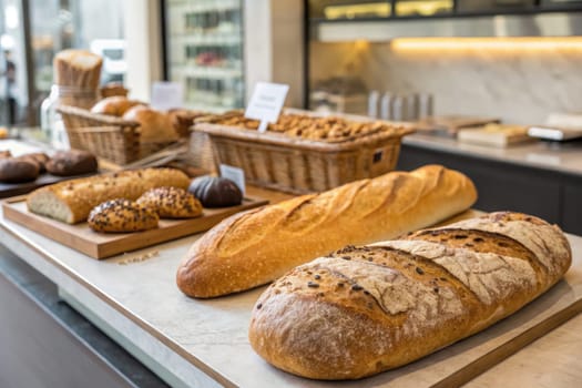 A selection of freshly baked breads in different shapes and sizes is neatly arranged on a counter.