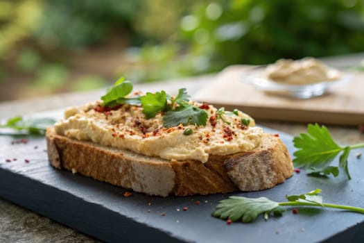 A slice of rustic bread is generously topped with creamy hummus, fresh herbs, and spices. The vibrant colors and textures reflect a healthy and appetizing snack made outdoors.