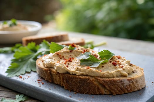 Whole grain toast is presented on a wooden surface, generously spread with creamy hummus, garnished with fresh herbs and chili flakes.