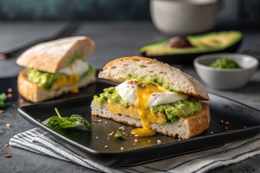 A delicious open-faced sandwich features creamy avocado spread, a perfectly poached egg, and melted cheese on fresh bread. Enjoyed in a modern kitchen setting with vibrant colors.