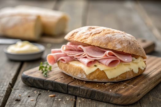 A freshly prepared sandwich features layers of ham and cheese on crusty bread. Accompanying the meal is a small bowl of butter and sprigs of herb on a rustic wooden board, enhancing the presentation.
