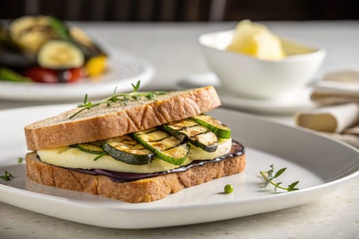 A delicious sandwich features grilled zucchini and eggplant layered between slices of bread. Fresh herbs garnish the dish, while a bowl of butter sits in the background.