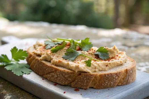 A hearty slice of rustic bread is generously spread with creamy hummus, garnished with fresh herbs and spices.