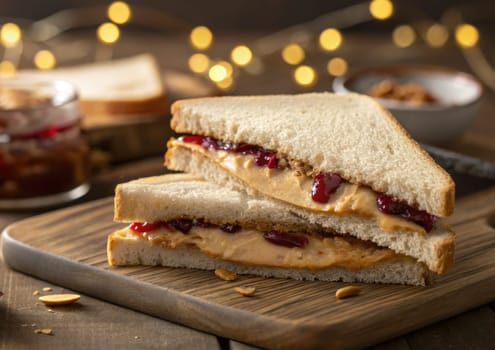 A freshly made peanut butter and jelly sandwich is neatly cut in half and placed on a wooden board.
