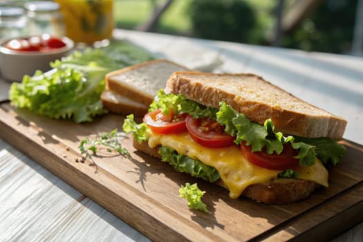 A delicious sandwich featuring melted cheese, fresh tomatoes, and crisp lettuce sits on a wooden cutting board. Bright daylight highlights the vibrant ingredients.