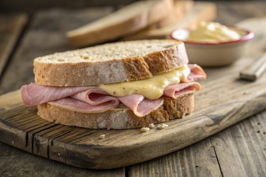A mouthwatering sandwich features layers of ham and melted cheese nestled between slices of whole grain bread.