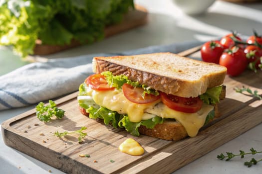 Delicious sandwich layered with cheese, lettuce, and tomatoes sits on a wooden cutting board. Bright kitchen light enhances the vibrant colors of the fresh ingredients and surrounding herbs.