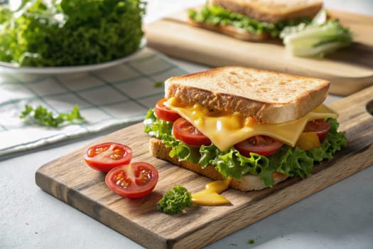 A sandwich is assembled with layers of lettuce, tomato, cheese, and golden bread. Fresh greens and tomato slices add vibrant color, enhancing the meals appeal.