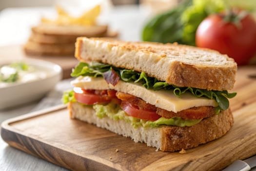 Layered sandwich features crispy bacon, fresh lettuce, tomatoes, and cheese stacked between slices of whole grain bread, placed on a wooden board in a cozy kitchen setting.