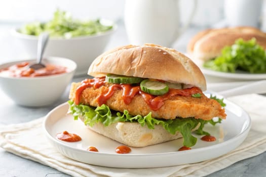 A crispy fish fillet sandwich is placed on a plate, layered with fresh lettuce, pickles, and topped with spicy sauce. Bowls of salad and more sandwiches are visible in the background.