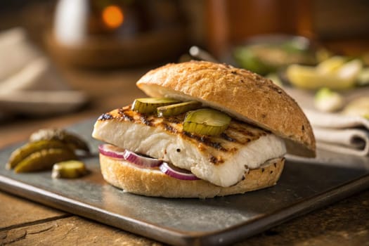 A grilled fish sandwich is placed on a textured metal tray. The sandwich includes fresh fish, sliced onions, and pickles, surrounded by rustic decor and a warm atmosphere.