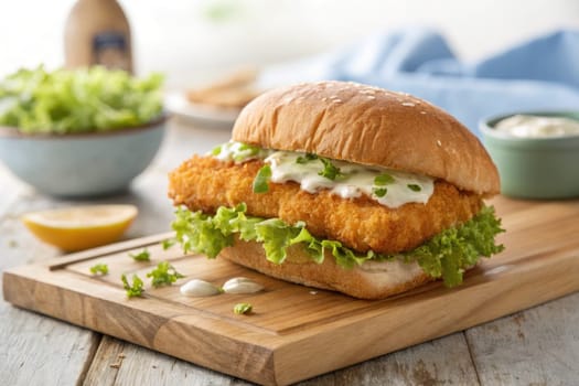 A delicious crispy fish sandwich sits on a wooden board, topped with fresh greens and creamy sauce. The cheerful kitchen background adds a warm, inviting touch to the meal presentation.