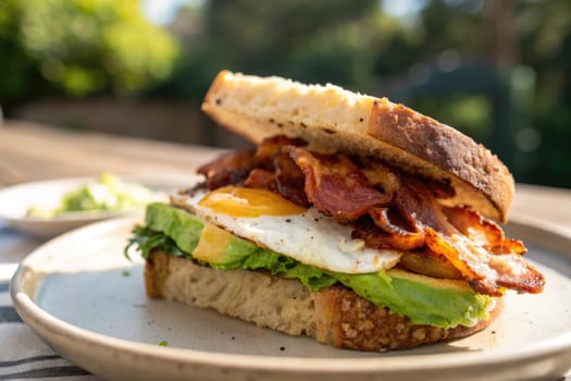 A freshly made breakfast sandwich features crispy bacon and a sunny-side-up egg layered on avocado and lettuce. It is placed on a plate outside, surrounded by greenery on a sunny morning.