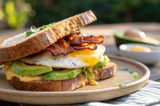 A hearty breakfast sandwich features perfectly fried eggs and crispy bacon layered between slices of whole grain bread. Fresh avocado adds creaminess, creating a satisfying morning meal.