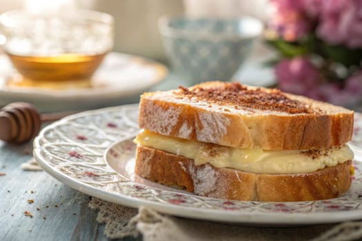 A freshly toasted sandwich made with soft bread is filled with creamy goodness and placed on a beautifully patterned plate. The background features flowers and a cozy atmosphere.