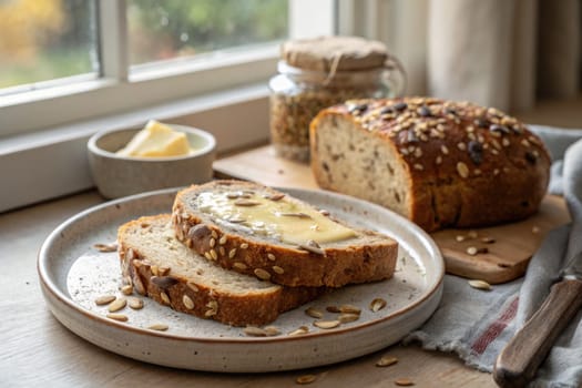 Slices of whole grain bread lie on a plate, topped with melting butter. A loaf of bread and a jar of seeds are nearby, creating a cozy kitchen atmosphere.