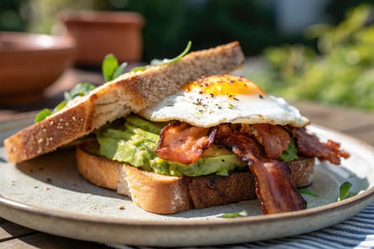 A satisfying breakfast sandwich features layers of creamy avocado and crispy bacon, topped with a fried egg, served on toasted whole grain bread in a sunny garden setting.