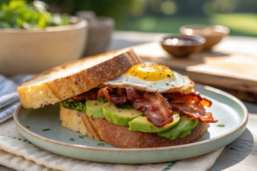 Savor a mouthwatering breakfast sandwich featuring crispy bacon, a perfectly fried egg, and creamy avocado on toasted bread. Enjoy this meal in a serene, natural setting.