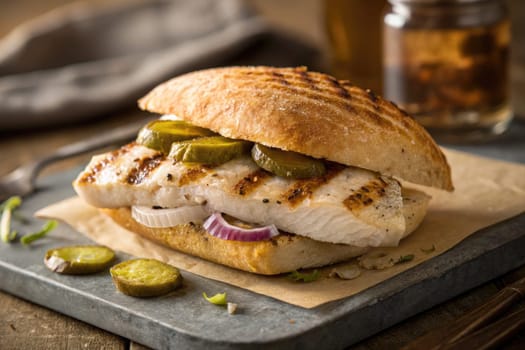 Juicy grilled fish fillet is nestled in a rustic bread roll, topped with crispy pickles and sliced onions. This delicious sandwich is perfect for a casual meal at a seaside restaurant.