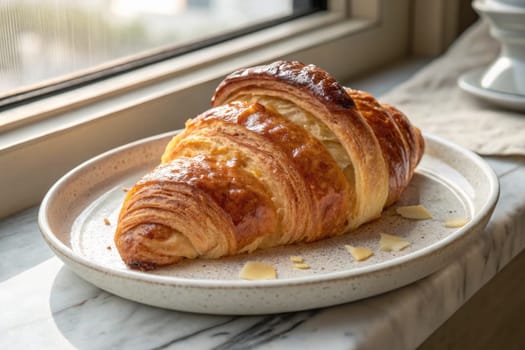 A golden-brown croissant sits on a plate, capturing morning sunlight while warm, flaky layers glisten invitingly, offering a perfect start to the day with a hint of elegance.