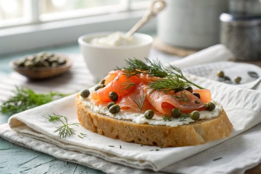 A slice of toasted bread is topped with creamy spread, smoked salmon, capers, and fresh dill. Set on a rustic table with natural light streaming in, this dish invites enjoyment at any meal.