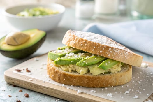Freshly made sandwich features creamy avocado slices layered on soft bread with a light sprinkle of sea salt. A healthy meal perfect for breakfast or lunch, accompanied by a green salad.