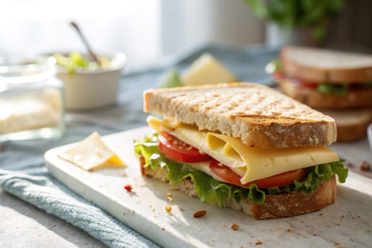 A sandwich stacked with crisp lettuce, ripe tomatoes, and melted cheese sits on a wooden board. Soft lighting highlights the fresh ingredients and inviting atmosphere of the kitchen.