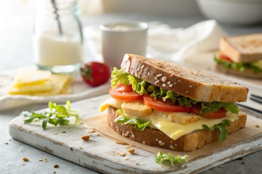 A layered sandwich features crisp lettuce, fresh tomato, and melted cheese on whole grain bread. It is placed on a rustic wooden board with a side of cheese and a drink.
