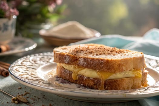 A sweet sandwich is presented on a decorative plate, showcasing fluffy bread filled with a creamy mixture.