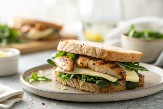 A grilled fish sandwich featuring tender fish fillets, melted cheese, and fresh greens sits on a pale plate.