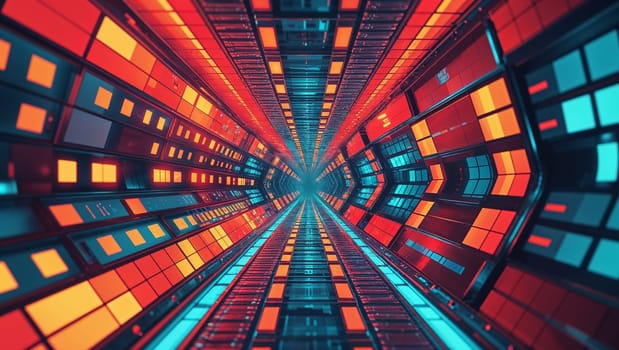 Futuristic corridor with glowing orange and teal panels stretches into infinity, creating a sense of mystery and technological advancement. Ai generated image