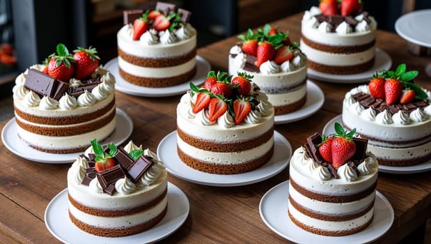 Several mini cakes are displayed on a wooden table, each decorated with whipped cream, chocolate pieces, fresh strawberries, and mint leaves. Ai generated image