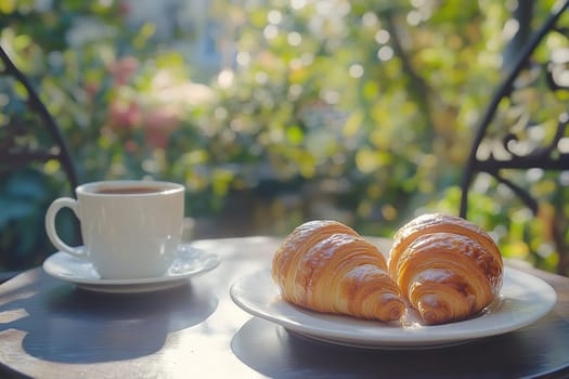 A cup of black coffee and two croissants on a table in a street cafe. Blurred background.