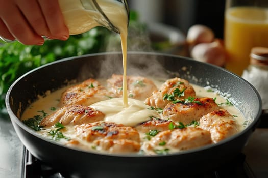 Woman's hand pouring cream from a creamer over chicken breast in a saucepan before cooking, food photo