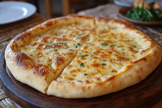 Appetizing freshly baked Georgian khachapuri on a wooden tray close-up. Georgian cuisine.