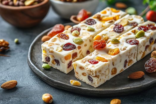 Eastern sweets on a plate. White nougat with nuts and dried fruits.