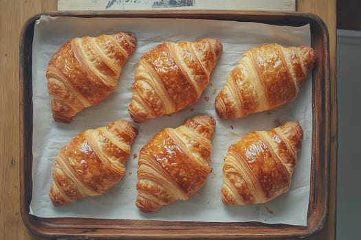 Freshly baked croissants lying on a baking sheet, top view.