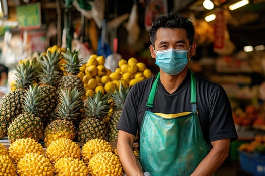 Asian fruit seller at market wearing medical mask. Eastern fruit market.