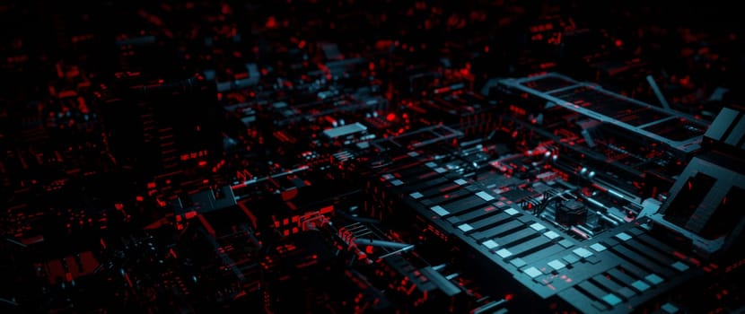 A close-up of intricate circuitry, with red and blue lights illuminating the complex network of wires and components. The image evokes a sense of technological advancement and futuristic design.