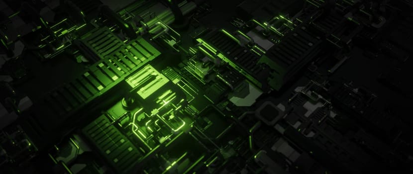 A close-up abstract image of glowing neon green circuitry, showcasing the intricate and complex design of a modern technological system.