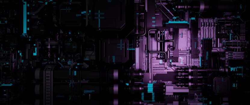 A futuristic cyberpunk cityscape with glowing neon lights. The image is an abstract representation of a technologically advanced urban environment, with complex circuitry, geometric shapes, and a dark, industrial aesthetic.