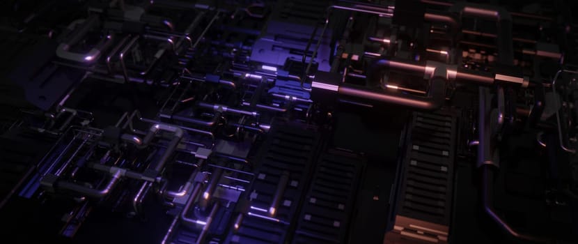 An abstract image showcasing a complex network of metallic pipes and structures, reminiscent of futuristic technology or a digital circuitry system.