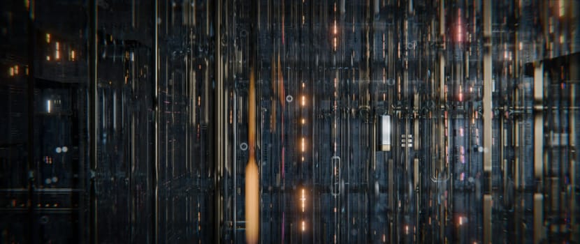 An abstract digital cityscape with glowing lights, featuring futuristic architecture, intricate circuitry, and a network of glowing lines. The dark background and metallic textures create a futuristic, cyberpunk aesthetic.