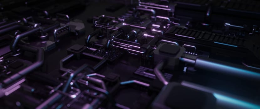 An abstract image of futuristic technology, showcasing intricate circuitry, metallic components and glowing lights, suggesting a complex and advanced technological system.