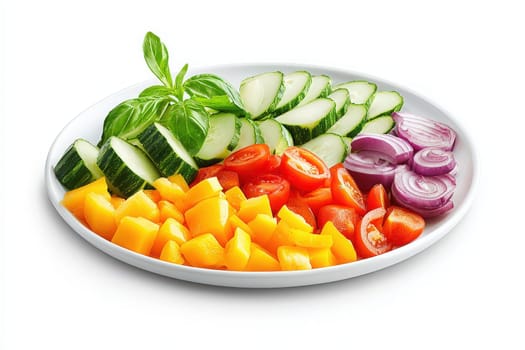 A vibrant platter of fresh produce displays slices of cucumbers, cherry tomatoes, red onions, mango cubes, and basil. This colorful assortment is perfect for healthy snacking or salad preparation.