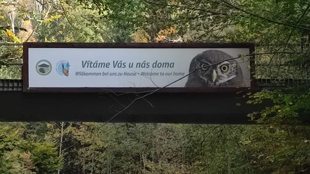 October 17 2024 Hrensko Czech Republic Europe, Welcome owl sign shotlisttravel travel summer day park forest green nature . High quality photo