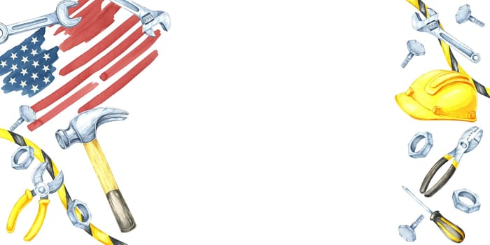 Labor Day watercolor banner with American flag, hammer, wrench, yellow safety helmet, and scattered tools in blue, yellow, and metallic. Clipart is ideal for adding text for web design and flyers