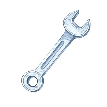 Metal silver wrench, with a detailed open-ended design. Watercolor clipart of the workshop tool. DIY instrument for construction, automotive design, tool catalogs, instructions or engineering projects
