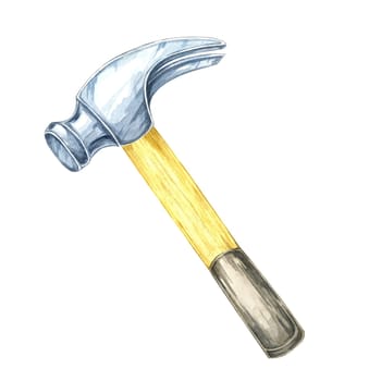Claw hammer with a metallic head and a wooden handle in a traditional design. Watercolor clipart of the workshop tool. Ideal for woodworking designs, instructional materials, or carpentry branding